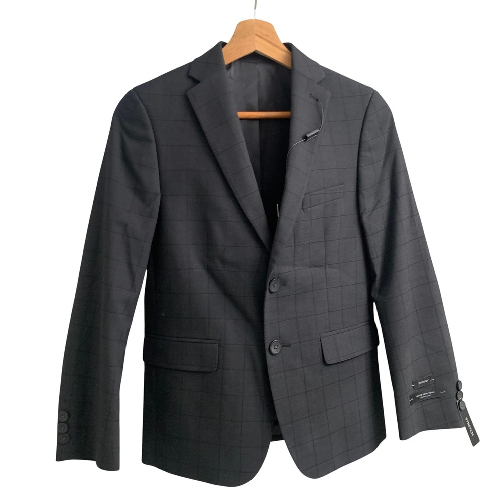 Mark New York Boys Cromwell Skinny Suit Jacket Blazer Dark Grey Grid Size 12SK